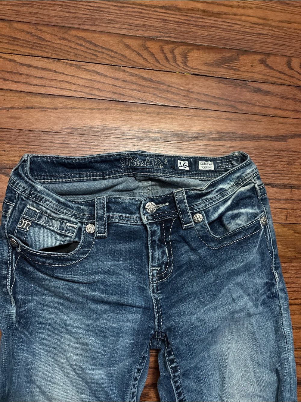 Miss Me Blue Faded Skinny Jeans with Embellished Hardware